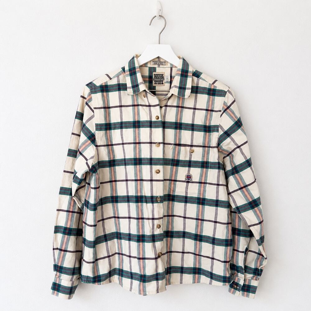 Rough Stock Panhandle Slim Cream Plaid Cotton Western Shirt Large